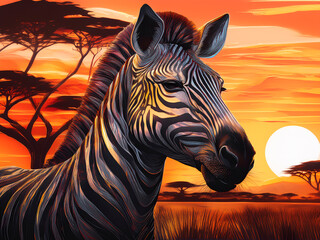 Illustration - Stylised Zebra and African sunset