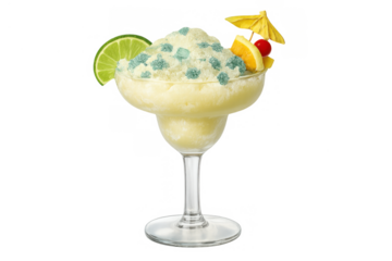 Frozen margarita cocktail with lime wedge, orange slice, cherry, and decorative umbrella on transparent background
