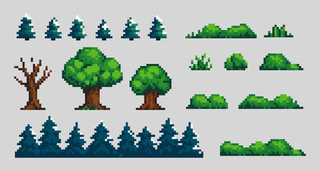 Pixel art tree set, bushes, grasses and fir trees 8 bit video game nature asset Isolated pixel art © Bohdan