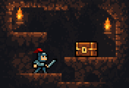 Game level, cave with knight and chest with rewards. Retro platformer style in pixel style