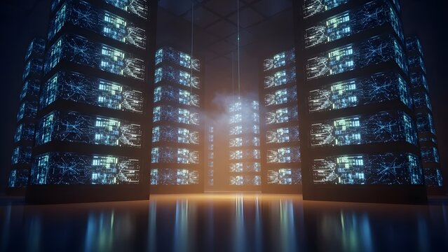 Data center server room illuminated by blue neon lights and soft warm glow on floor - Powered by Adobe