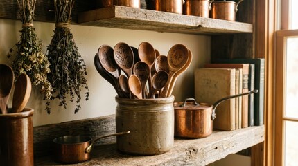 A rustic collection of vintage wooden cooking spoons stored in an earthenware crock on a wooden shelf, showcasing farmhouse kitchen decor and culinary tradition.