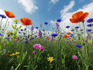 Naklejka premium Colorful Wildflower Meadow Under Blue Sky with Clouds Summer Flowers