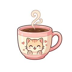 Charming vector illustration of an adorable, happy cat character playfully peeking from a cozy pink ceramic mug filled with steaming hot beverage, perfect for a comforting moment