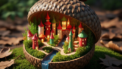 Enchanting miniature fairy village nestled within a giant acorn, complete with tiny colorful houses, a winding river, and lush mossy ground, set amidst autumn leaves