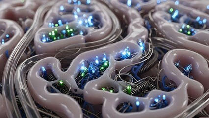 Futuristic micro technology of digital neuron connections with shiny lights system networks