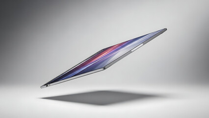 Modern laptop computer floating in mid-air with a sleek design and a reflective screen displaying abstract colors against a gradient background