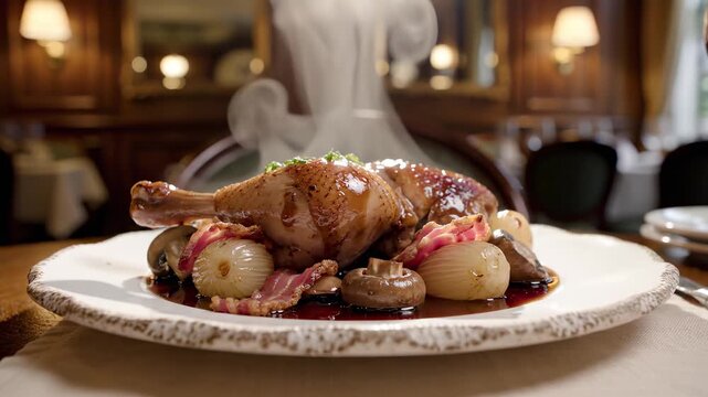 Traditional coq au vin chicken braised in red wine on plate in Parisian brasserie. Warm lighting and steam.