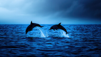 Epic Night Scene of Dolphins Leaping Through Stormy Sea Spray