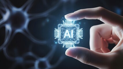 Concept of artificial intelligence integration, a human hand holds a glowing microchip representing advanced AI processing power and neural network connections for future technological advancements