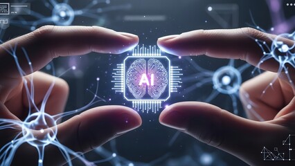 Hands framing a glowing AI processor, symbolizing conceptual future of advanced technology, innovation, and evolving digital intelligence