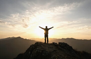 Man standing on mountain peak arms outstretched celebrating achievements