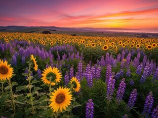 Fototapeta premium Sunset over Sunflower and Lupine Field, Vivid Pink and Yellow Sky Scenery