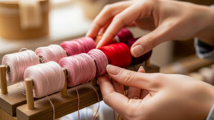 Hands selecting red and pink threads for handmade craft