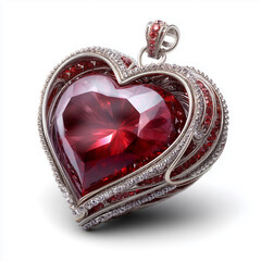 A luxurious heart-shaped pendant featuring faceted deep-red gemstone encased in silver filigree and accented with pav&eacute;-set crystals.