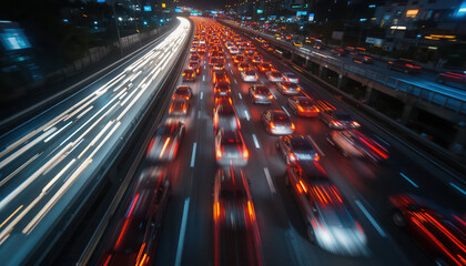 Dynamic urban road scene with blurred car lights moving fast in darkness