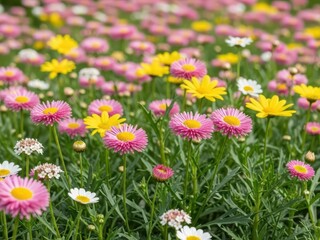 Obraz premium Colorful Daisy Field Pink, Yellow, and White Daisies in Bloom, Springtime Beauty