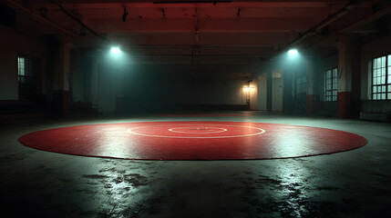 Plakat full shot on a photo of a wrestling mat in an empty gym in low light with space for text. concept sport, wrestling, gym, competition,