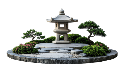 Stone lantern garden centerpiece on circular base
