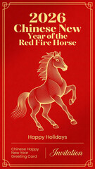 2026 Chinese New Year of the Red Fire Horse Greeting Card with Golden Line Art Illustration