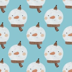 holiday seamless pattern with snowman, decorative elements. Colorful illustration, flat style. hand drawing. design for fabric, print, wrapper
