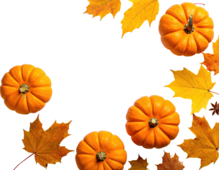 Pumpkins and colorful leaves on black background, autumn theme