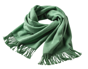 Soft green scarf, textured, draped, with fringe edges