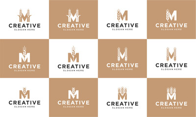 A grid of twelve distinct logo designs featuring the letter 'M' integrated with wheat, leaf, and abstract organic elements, presented on alternating white and brown backgrounds.