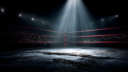 WWE wrestling ring corner. Sport background empty boxing ring with spotlight.