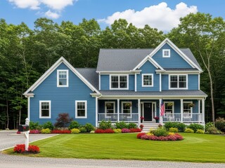 Blue House Exterior with Landscaping Suburban Home on Sunny Day