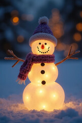 Glowing Snowman Decoration with Knitted Hat and Scarf at Dusk