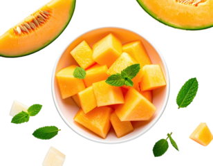 Sliced cantaloupe cubes with mint leaves in bowl