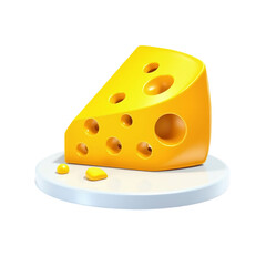 Vibrant 3D Cheese Wedge on a White Plate with Small Crumbs.