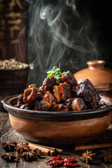 Rustic clay pot filled with dried fruit and nuts with warm steam