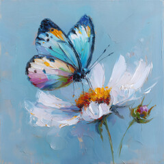 Colorful butterfly perched on white flower in soft painterly style
