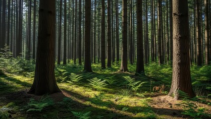 Obraz premium Forest Trees with Sunlight Nature's Path, Greenery, and Scenic Landscape