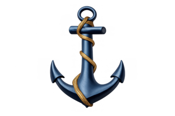Blue ship anchor with brown rope wrapped around shank symbolizing stability, security, and safe travel on transparent background