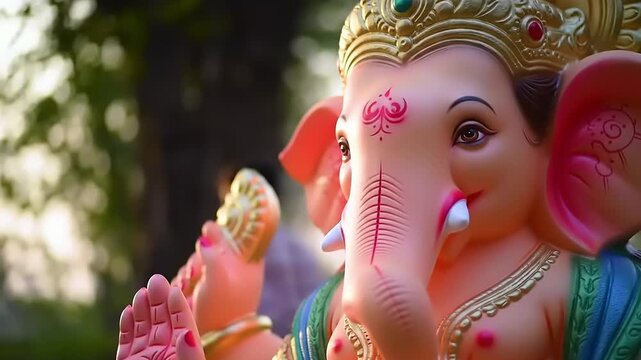 Close-up of a vibrant Ganesha idol, a Hindu deity, during a religious festival or celebration, showcasing intricate details and colors.