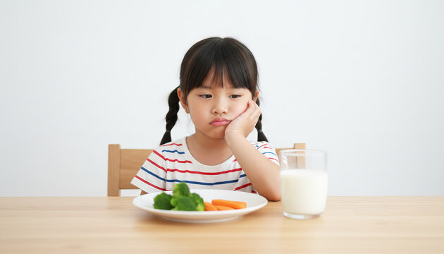 Unhappy little girl refusing to eat her healthy vegetables and milk, sitting at a wooden table against a clean white background.