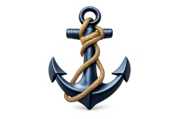 Blue metal anchor with brown rope, symbolizing ocean journey, safety, and a reliable seafaring icon. Transparent background