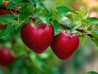 romantic red Valentine background of fresh and healthy red heart shape Sekai Ichi japanese apples. 