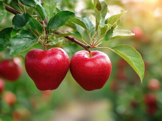 romantic red Valentine background of fresh and healthy red heart shape Sekai Ichi japanese apples. 