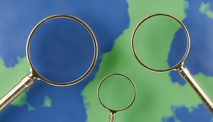 3d magnifying glasses on geographical background