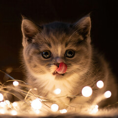 Atmospheric Portrait of Young Cat with Illuminated Bokeh Lights