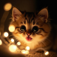 Adorable Kitten Licking Nose Surrounded by Warm Christmas Lights