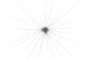 Bullet hole in glass with radiating cracks creating a shattered window effect on transparent background