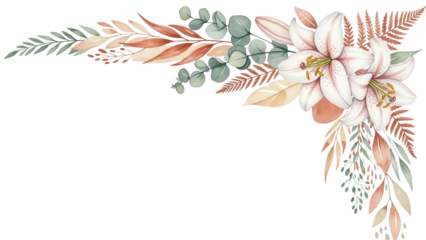 Soft watercolor design corner with lilies and botanical elements in a calming terracotta and beige isolated on white background