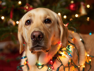 Adorable Yellow Labrador Dog Tangled in Multi-Colored Christmas Lights