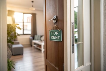 Open Door with 'For Rent' Sign Revealing Bright Living Room