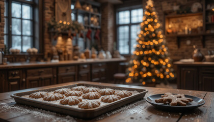 Holiday Cookie Shapes on Baking Sheet with Blurred Tree Lights